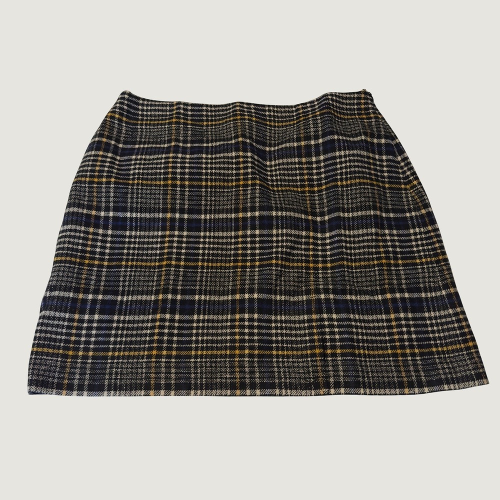 Chadwicks Plaid Mini Skirt Black Blue Yellow Wool Blend Lined Petite 14P Preppy